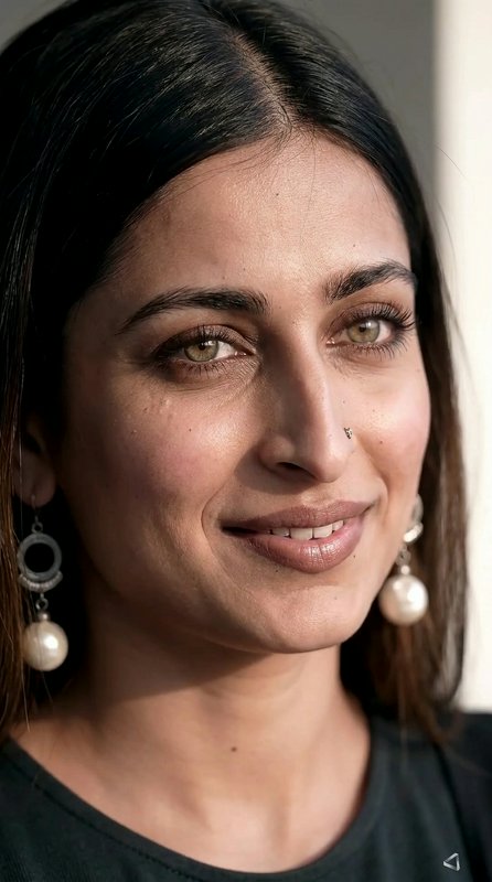 Close-up portrait of smiling South Asian woman with hazel eyes, pearl earrings, and tiny nose stu...