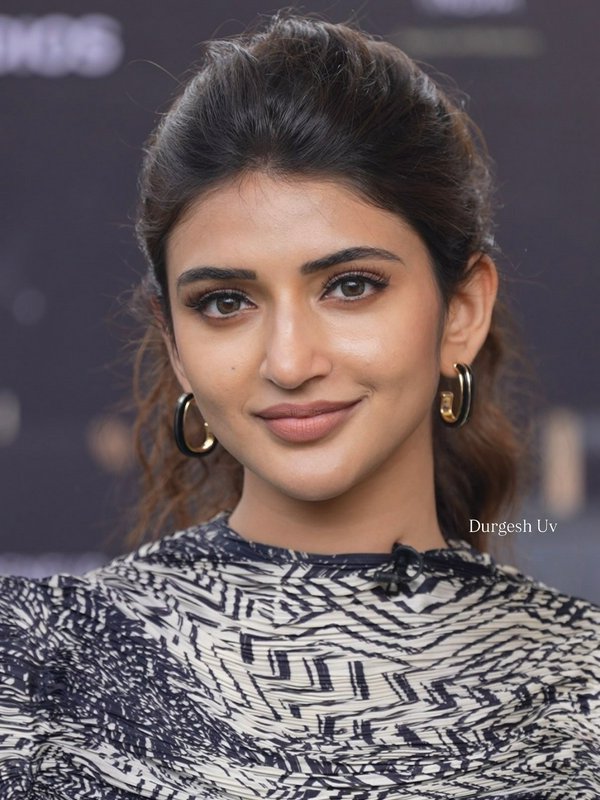 Close-up portrait of Tollywood actress Sreeleela with a gentle smile, styled updo, and two-tone h...