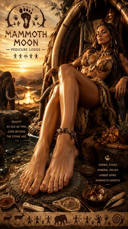 Prehistoric-themed Mammoth Moon Pedicure Lodge ad featuring a cavewoman with polished feet relaxi...