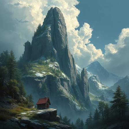 Tiny red-roofed cabin at the base of a towering jagged mountain, surrounded by pine forests and distant snow-capped