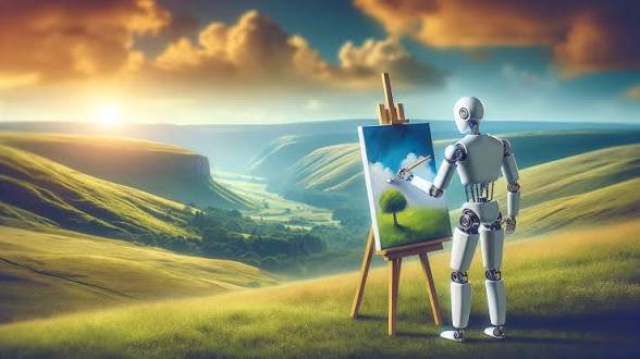Humanoid robot painting a landscape on an easel while overlooking a sunlit, rolling green valley at golden hour.