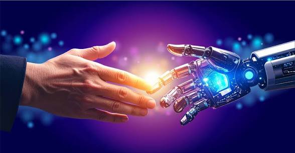 Human hand reaching to touch glowing transparent robotic hand, bright light between fingertips on...