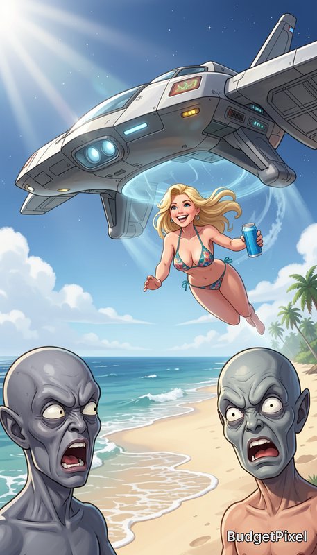 Cartoon illustration of a smiling woman beamed into a UFO, as shocked grey aliens watch from a su...