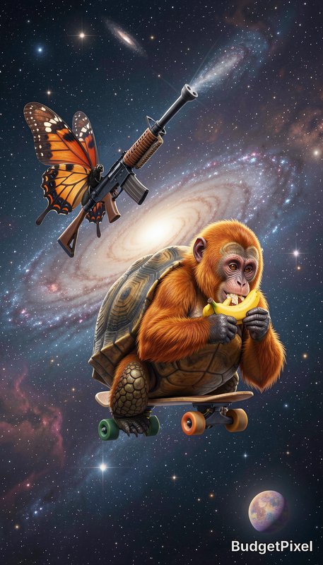 Surreal hybrid monkey-turtle on a skateboard eats banana beside a rifle-wielding butterfly floati...