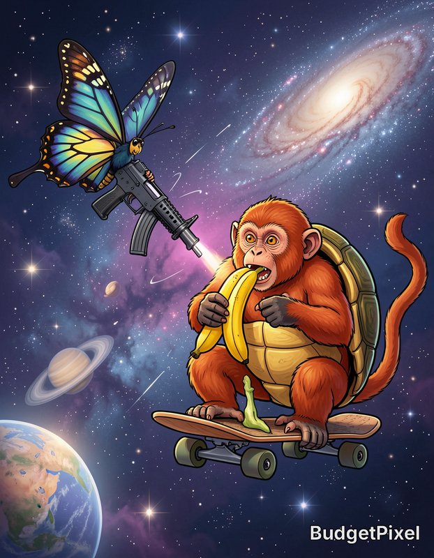 Surreal cartoon monkey-turtle chimera on a skateboard eating bananas, with an armed butterfly, ou...