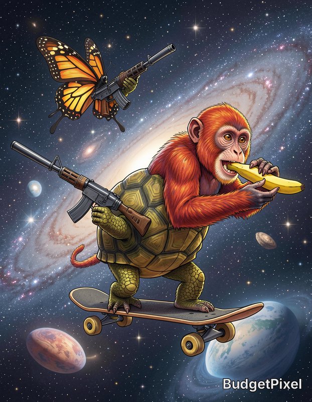 Surreal monkey-turtle hybrid rides a skateboard eating a banana, with an armed monarch butterfly ...