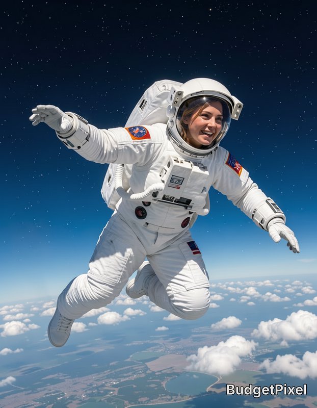 Smiling female astronaut in a white spacesuit floats weightless above Earth's clouds beneath a st...
