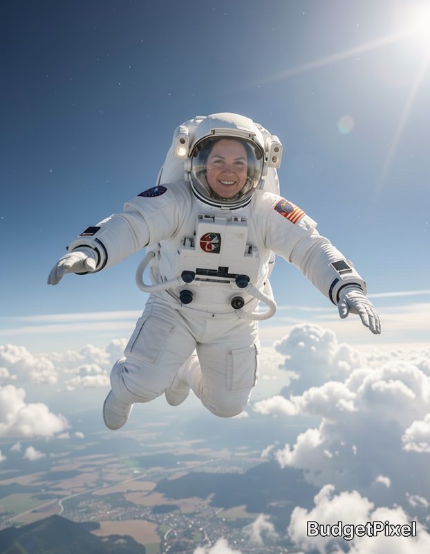 Smiling female astronaut in a white spacesuit floats above fluffy cumulus clouds under a bright s...