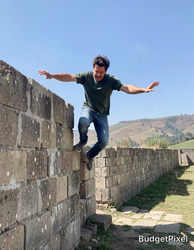 [Man balances unsteadily atop weathered stone ruin walls, arms outstretched, under a clear bright blue sky]