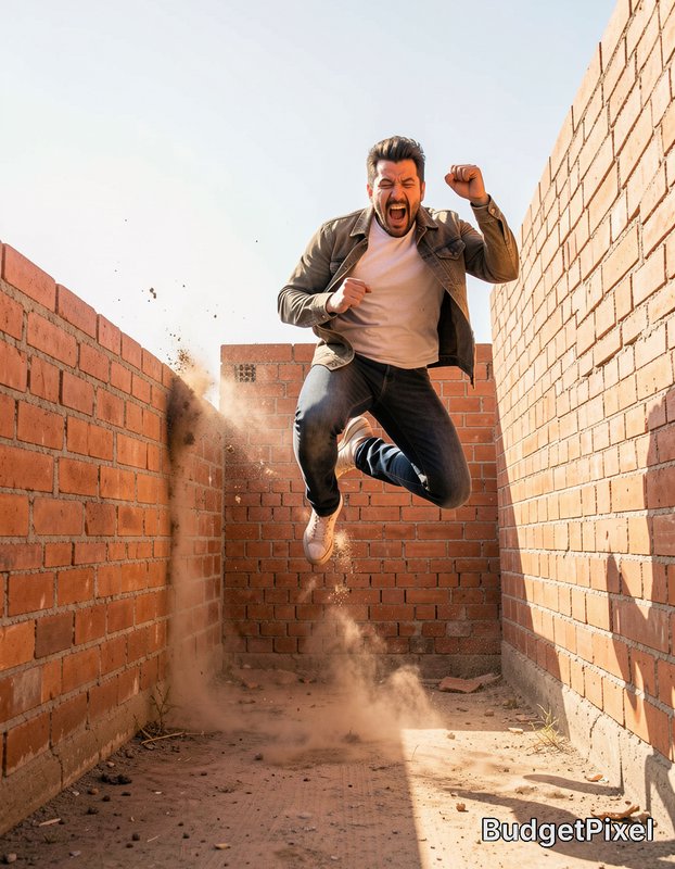 Excited bearded man leaps mid-air shouting, fists raised, between red brick walls as dust kicks u...