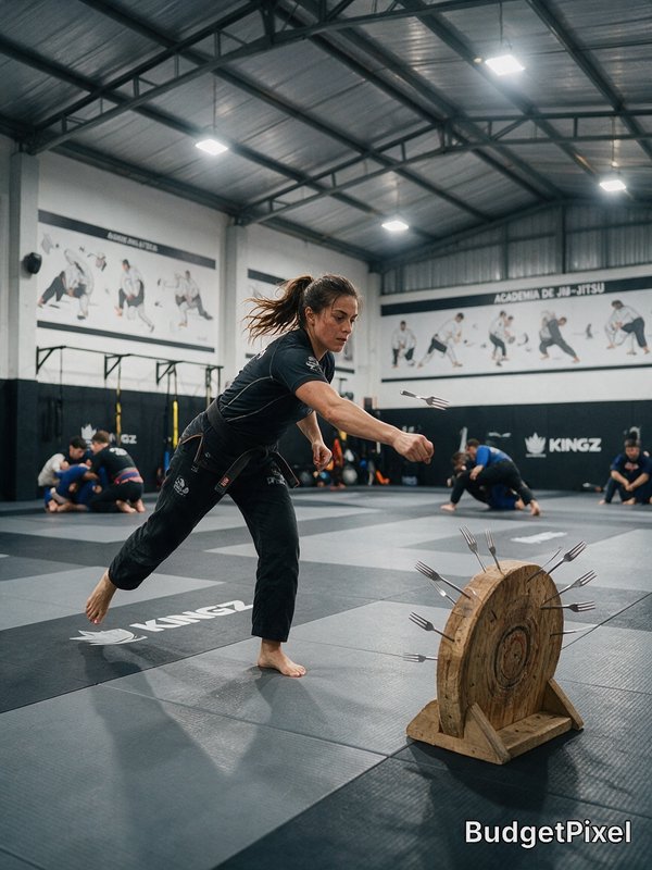 Female BJJ black belt throws a fork at a wooden target during a playful drill in a jiu-jitsu trai...