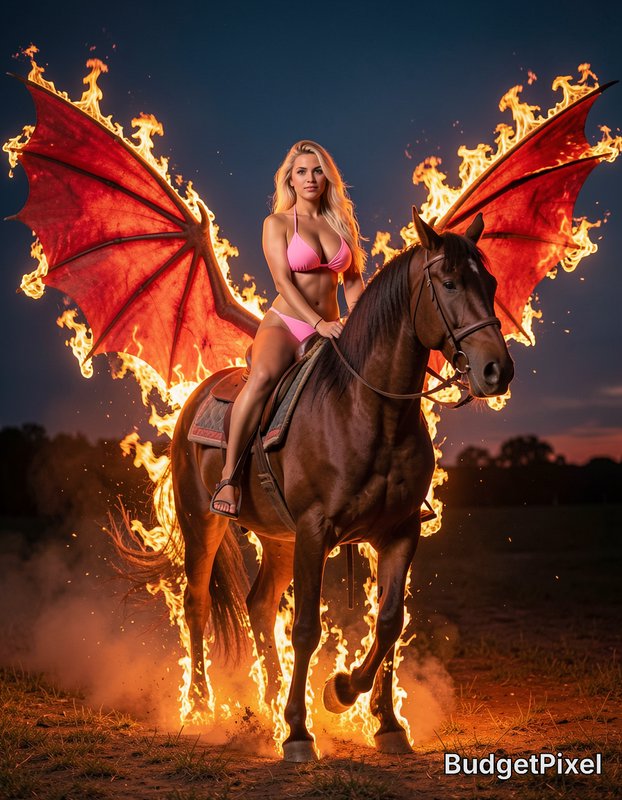Blonde woman with flaming red dragon wings rides a fire-wreathed brown horse under a dark twiligh...