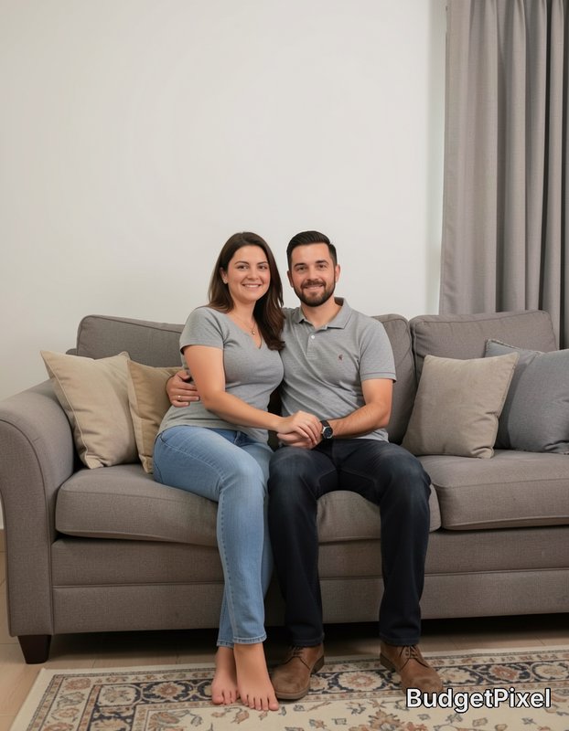 Smiling affectionate couple holding hands while sitting together on a plush gray couch in a brigh...