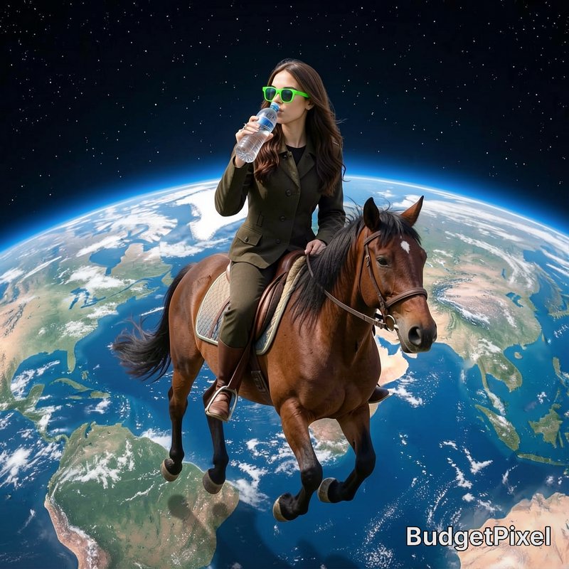 Surreal digital art of a woman in neon green sunglasses riding a horse above planet Earth in oute...