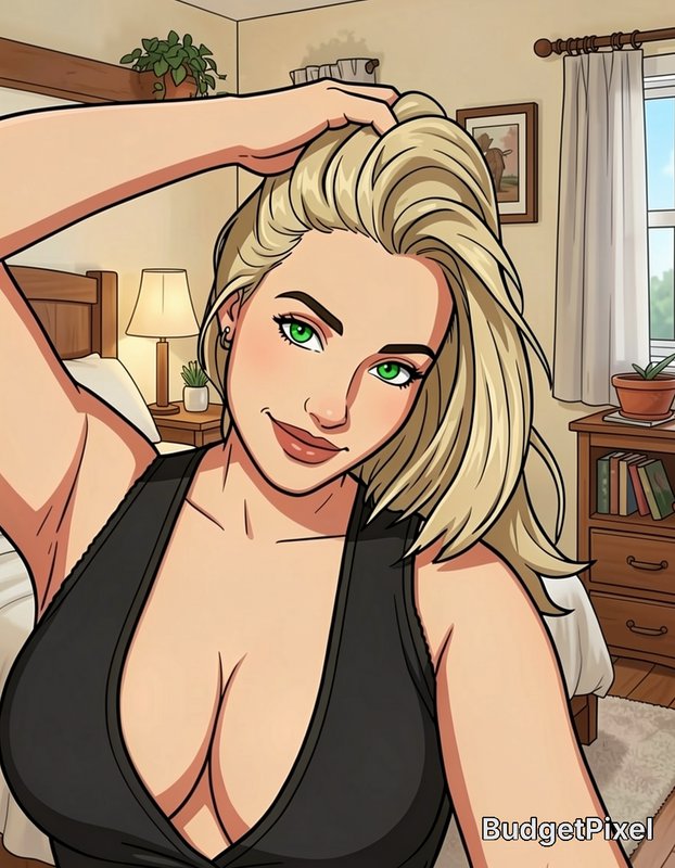 Comic style illustration of a blonde green-eyed woman taking a casual selfie in a cozy sunlit bed...