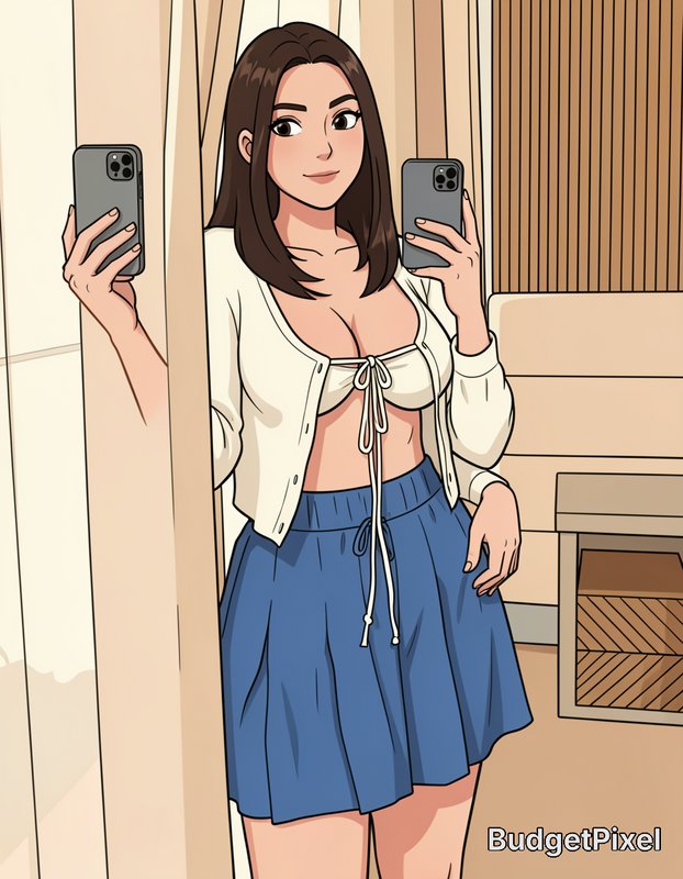 Digital cartoon illustration of a young woman holding two smartphones while taking a mirror selfi...