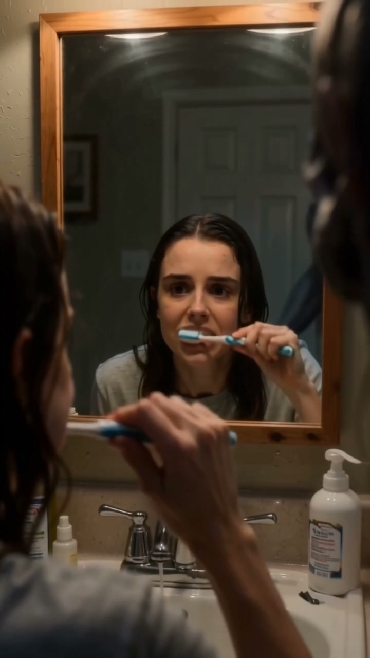 Concerned woman with wet hair brushes her teeth while looking into a wooden framed bathroom mirro...