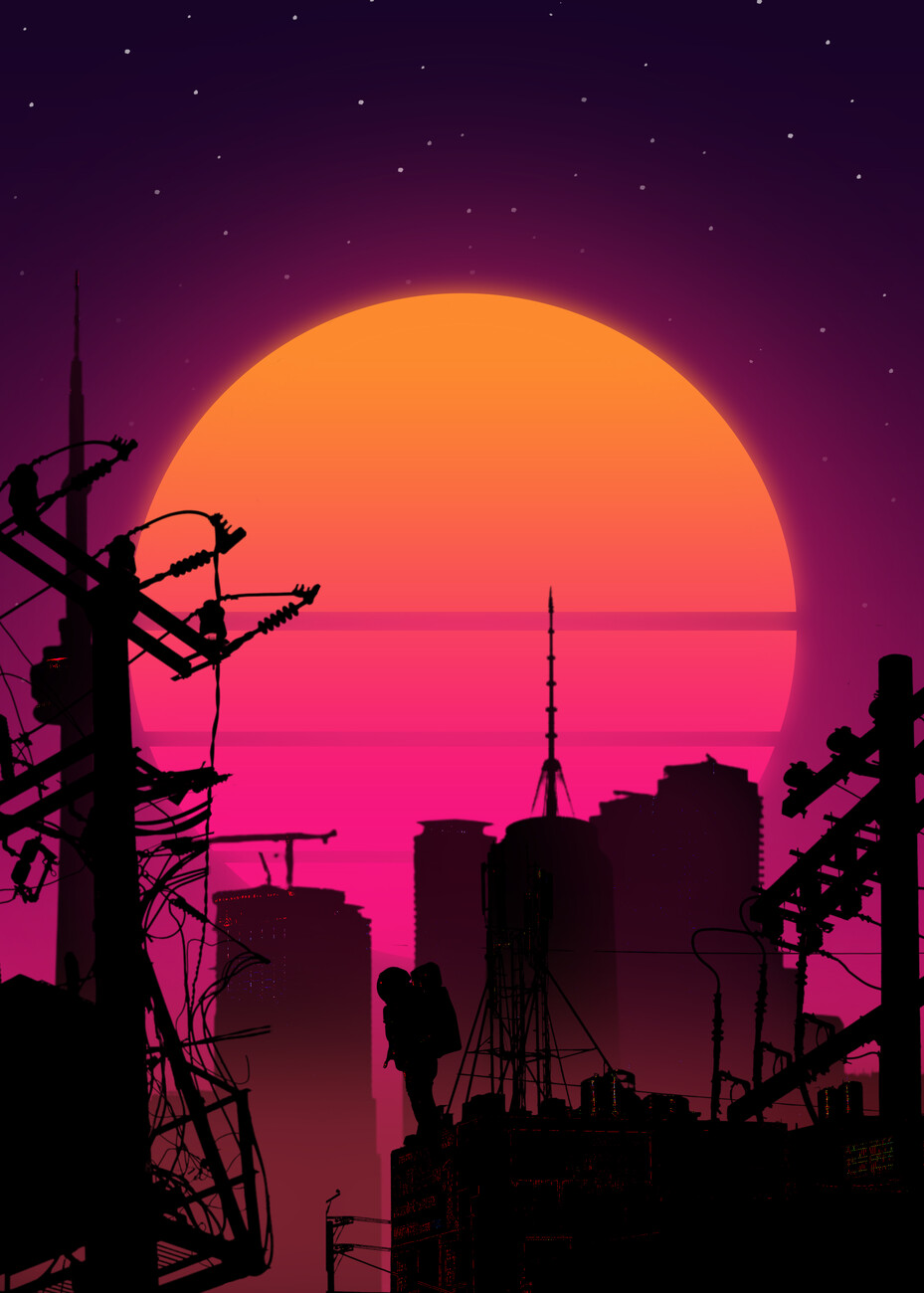 Silhouetted couple embraces on a city rooftop against a giant glowing retro synthwave sunset and starry purple sky.