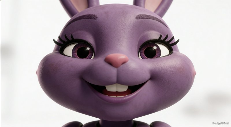Close-up of a smiling 3D purple animatronic bunny with big expressive eyes, pink nose, and uprigh...