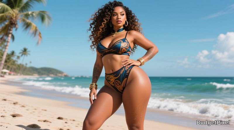 Glamorous woman in a patterned bikini poses on a sunny tropical sandy beach with palm trees and r...