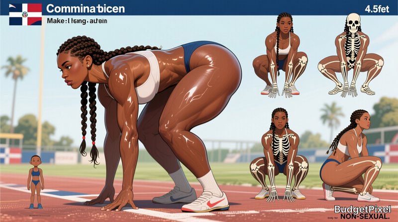 AI generated character reference sheet of a distorted muscular female track athlete, with pose an...
