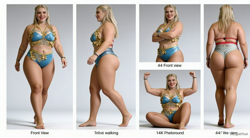 Character reference sheet showing multiple poses of a curvy blonde woman in a blue and gold fanta...