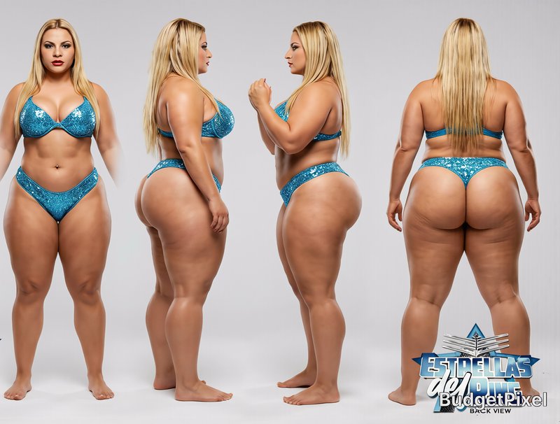 Turnaround reference sheet of a curvy blonde woman in a sparkly blue bikini, showing front, side,...