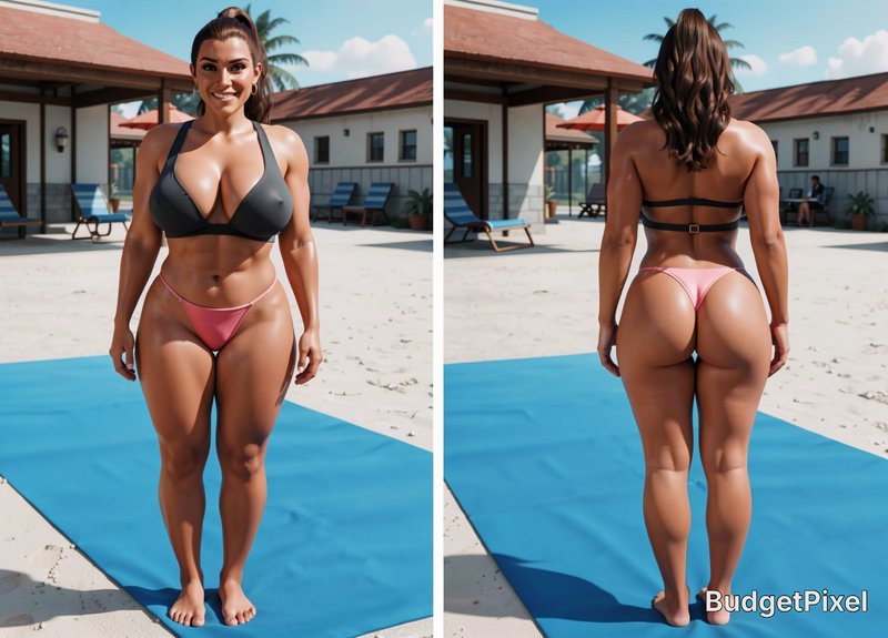 Side-by-side diptych showing front and rear view of a fit tanned woman in a bikini on a sunny bea...