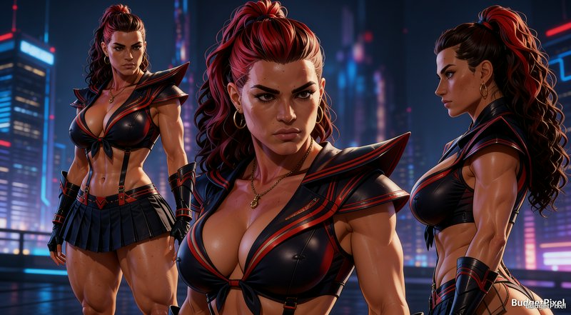 Three perspective views of a muscular red-haired cyberpunk female warrior against a neon futurist...