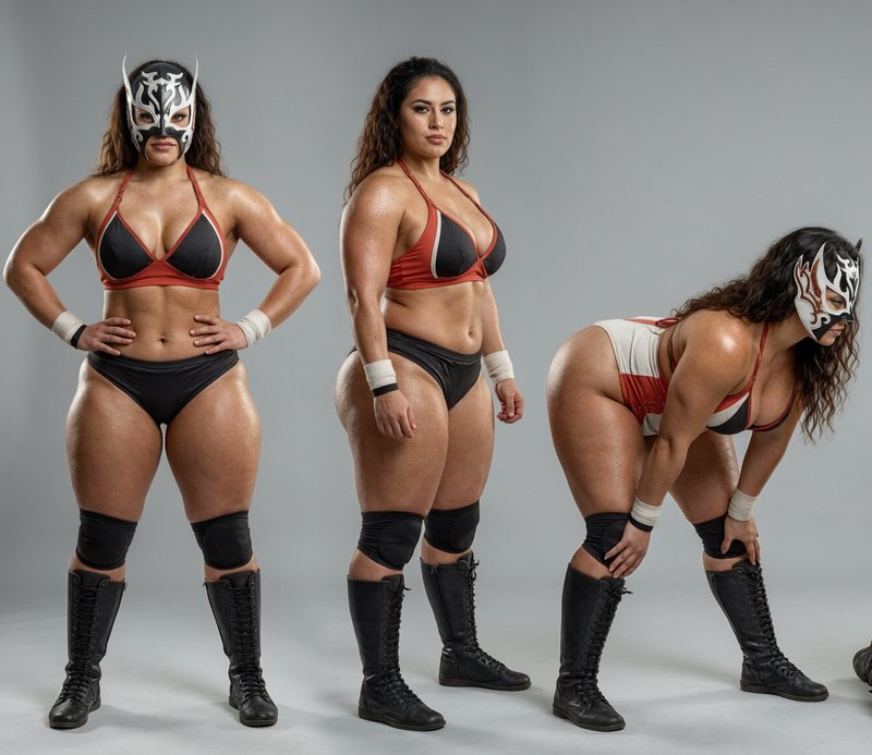 Three sequential poses of a muscular female luchadora pro wrestler, showing masked and unmasked v...