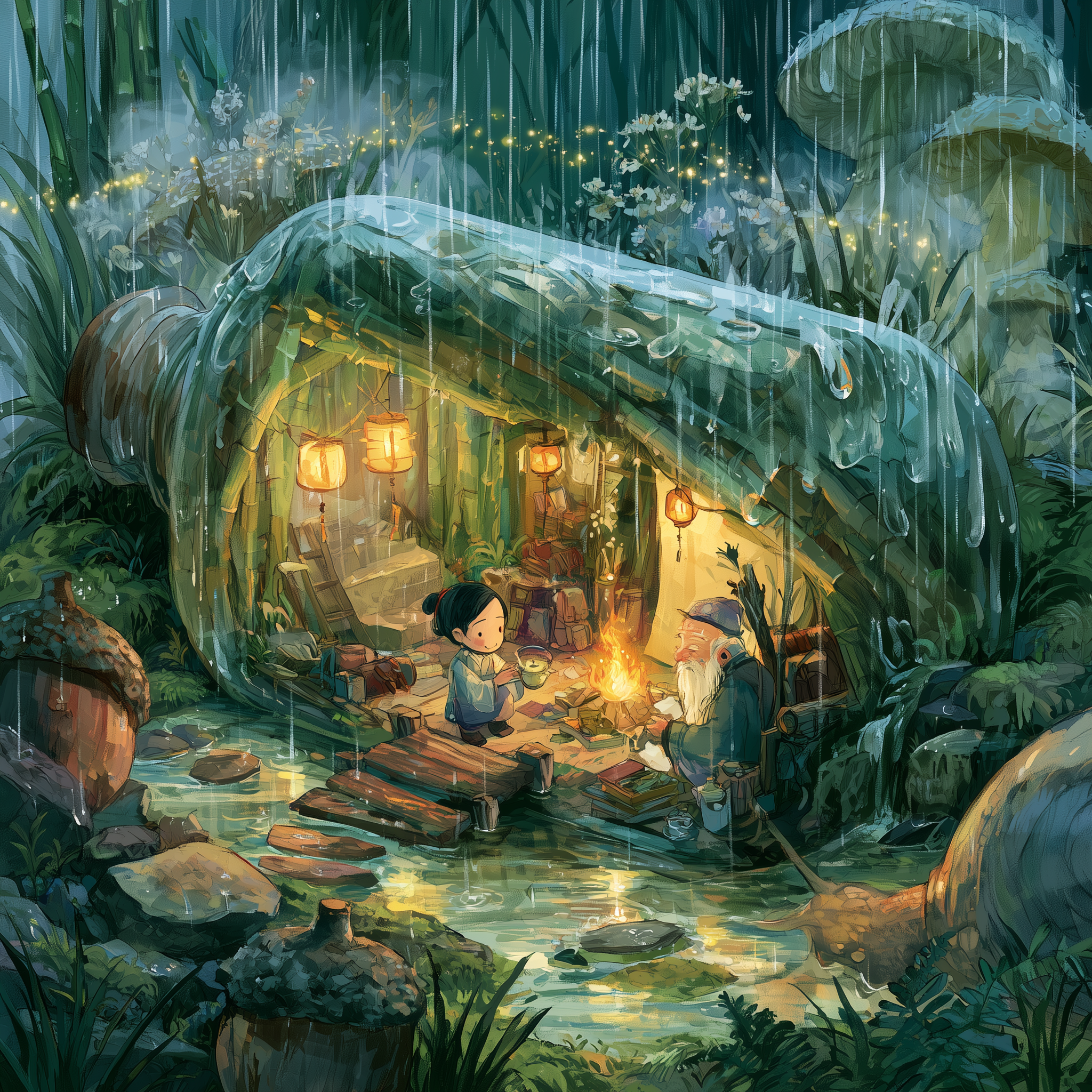 [Cozy fantasy illustration of two characters sharing tea by a campfire under a giant leaf shelter in a rainy enchanted for...