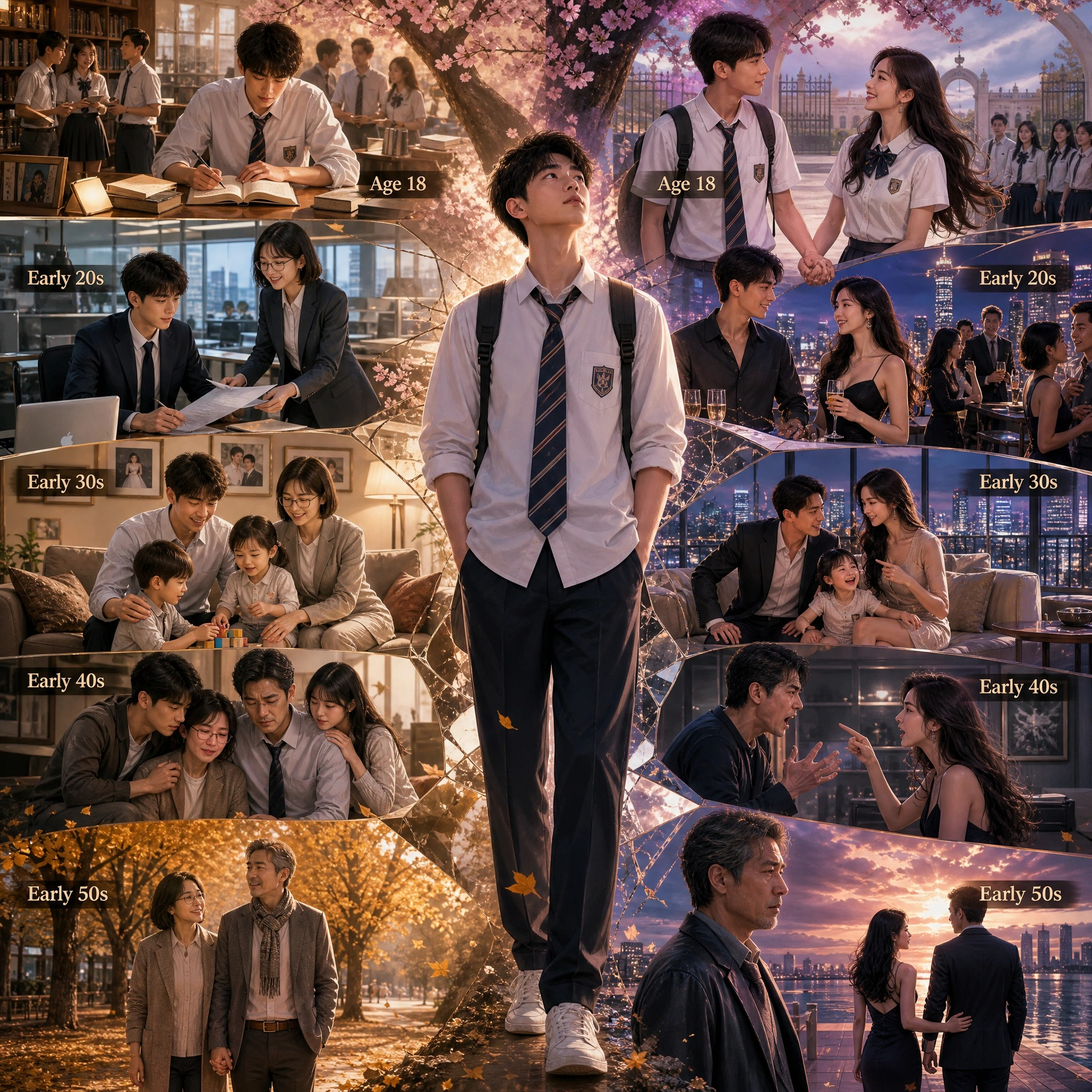 [Surreal life timeline collage centered on a teen student, showing a couple's relationship journey from age 18 through the...