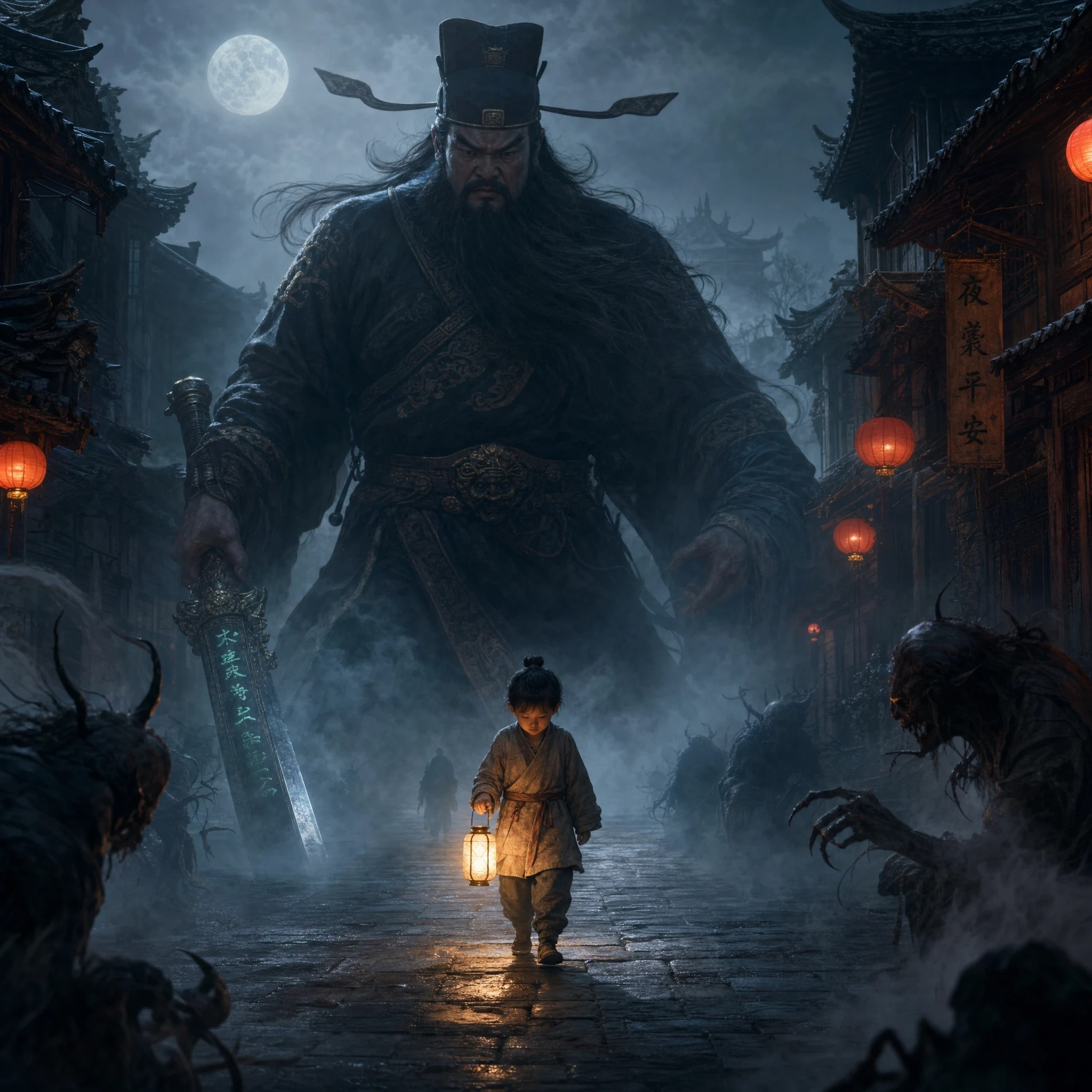 Towering Chinese guardian spirit looms behind a lantern-carrying child on a foggy moonlit old street, surrounded by lurkin...