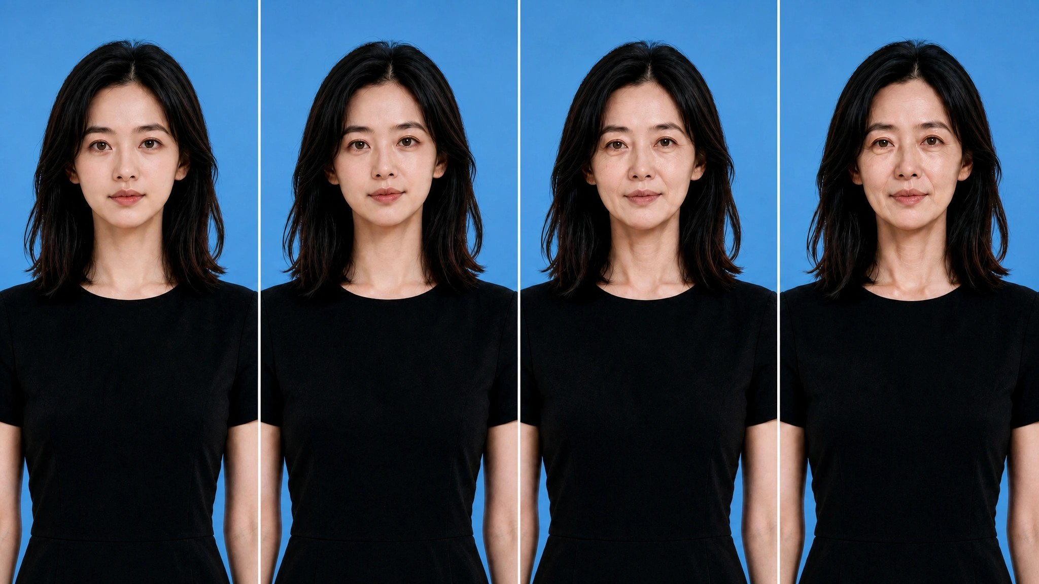 Four side-by-side portrait panels showing gradual AI age progression of an East Asian woman against bright blue studio bac...