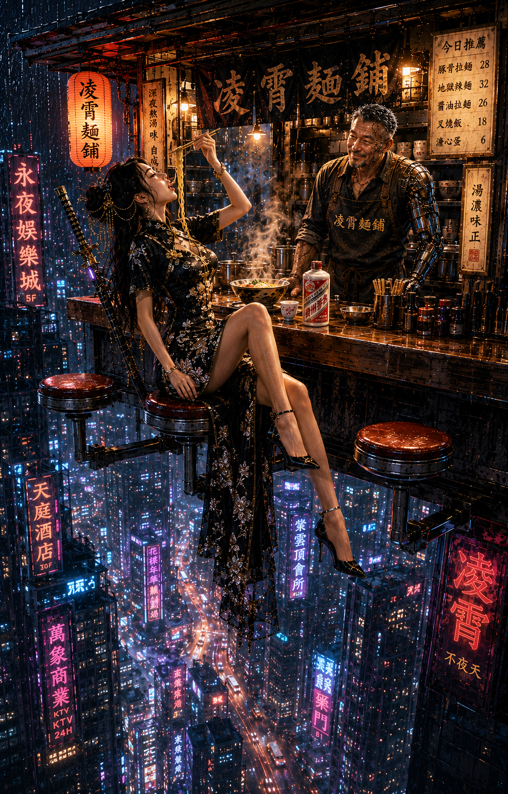 [Cyberpunk floating high-rise ramen stall, woman in embroidered qipao eats noodles, cybernetic vendor, neon city below rai...