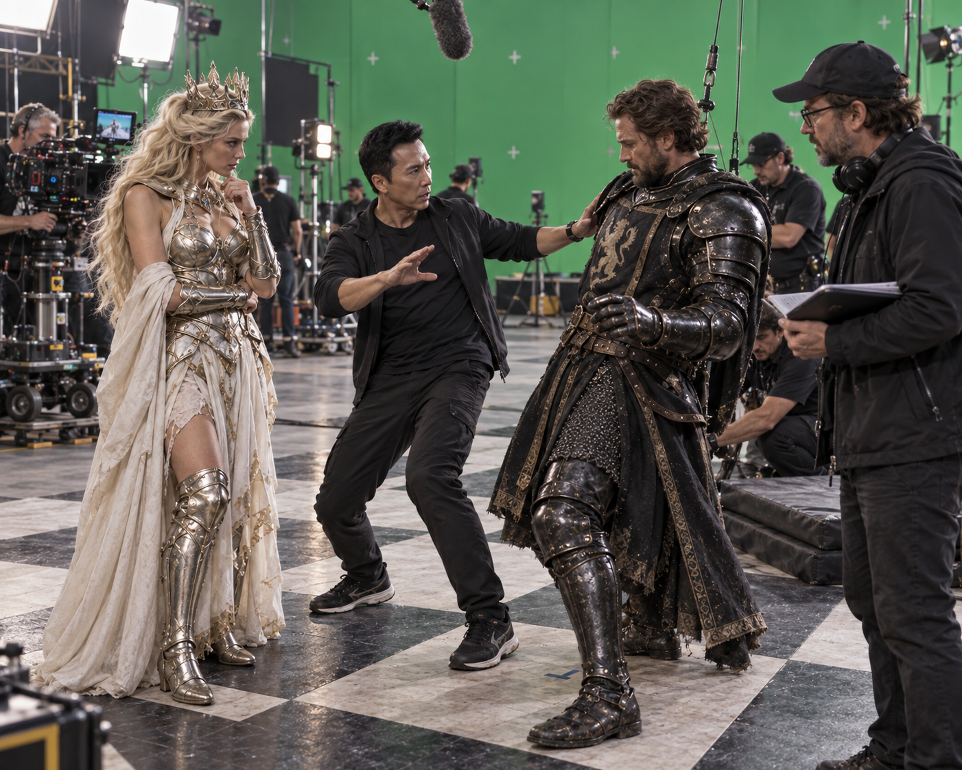 Behind the scenes on a fantasy film set, a director choreographs a scene for costumed actors on a green screen soundstage