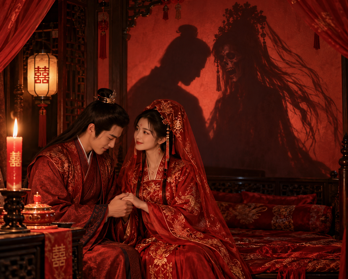 Hanfu wedding couple sit holding hands on a bridal bed, their cast shadows reveal a terrifying skeletal ghost bride