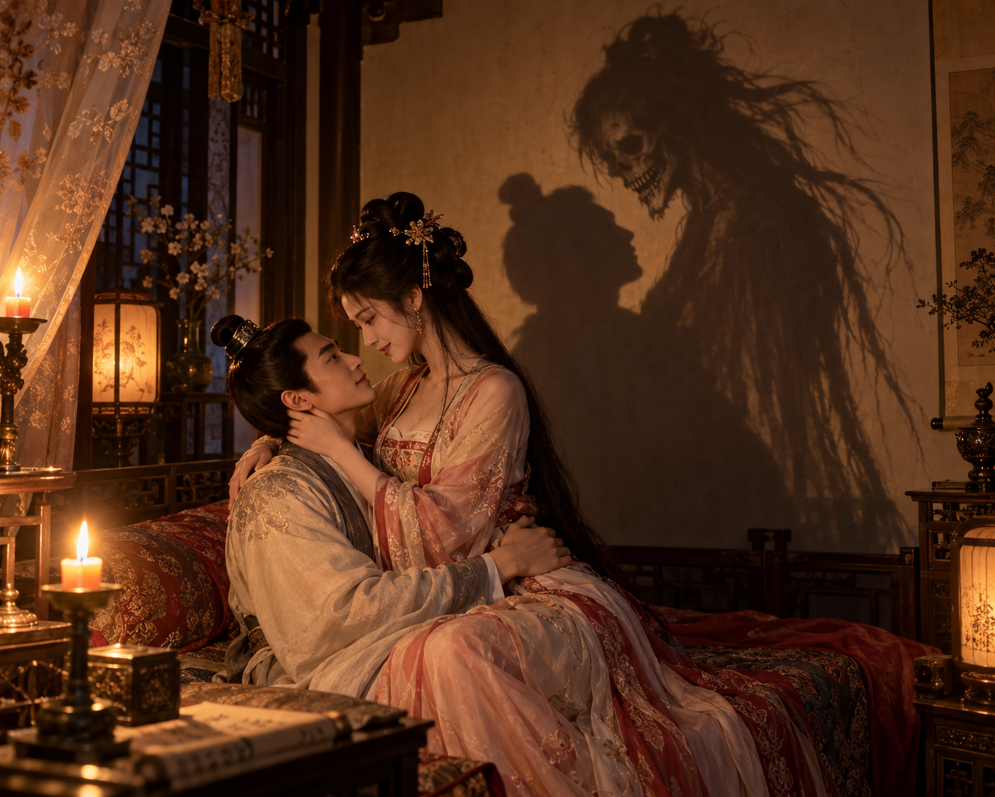 Couple in traditional hanfu embrace on a bed while a terrifying skeletal monster shadow looms on the wall behind them