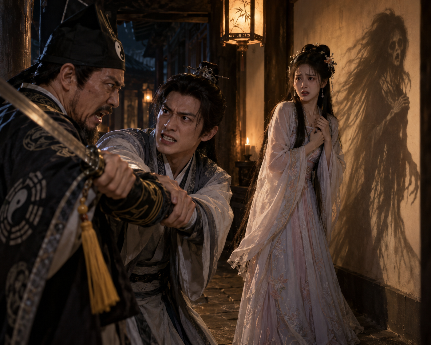 Tense wuxia horror scene where men grapple over a sword as a ghost looms behind a terrified woman in hanfu