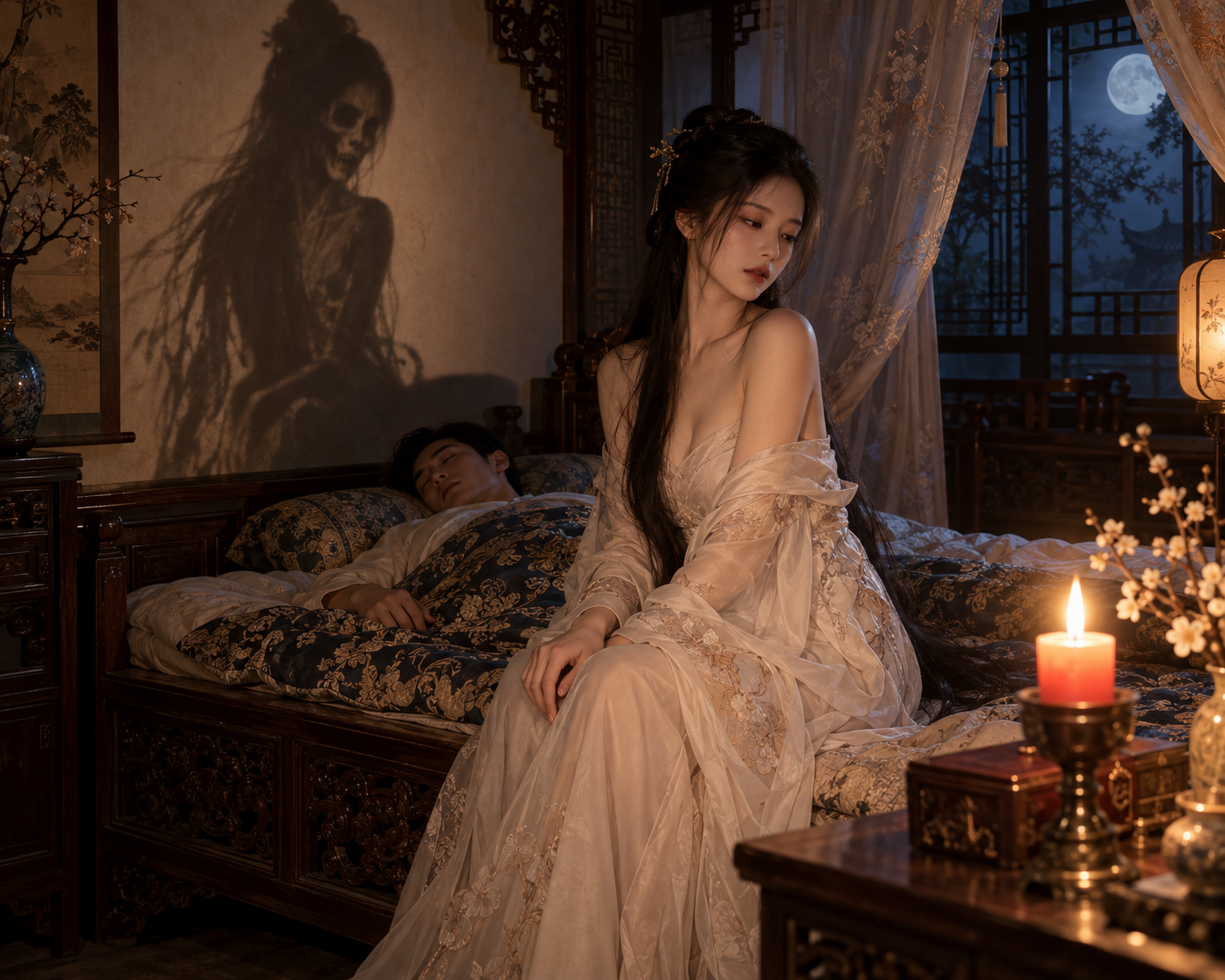Somber woman sits on a bed next to a sleeping man as a ghostly skeletal shadow looms on the wall behind