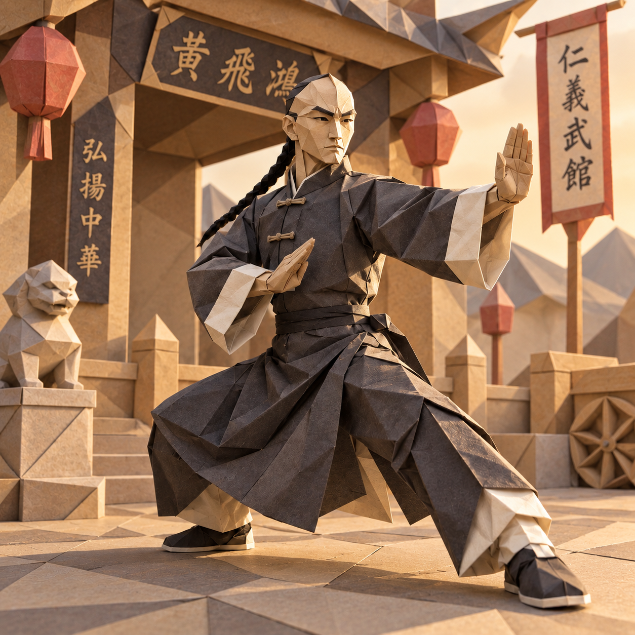 Folded paper origami kung fu master stands in a fighting stance before a traditional Chinese martial arts school gate