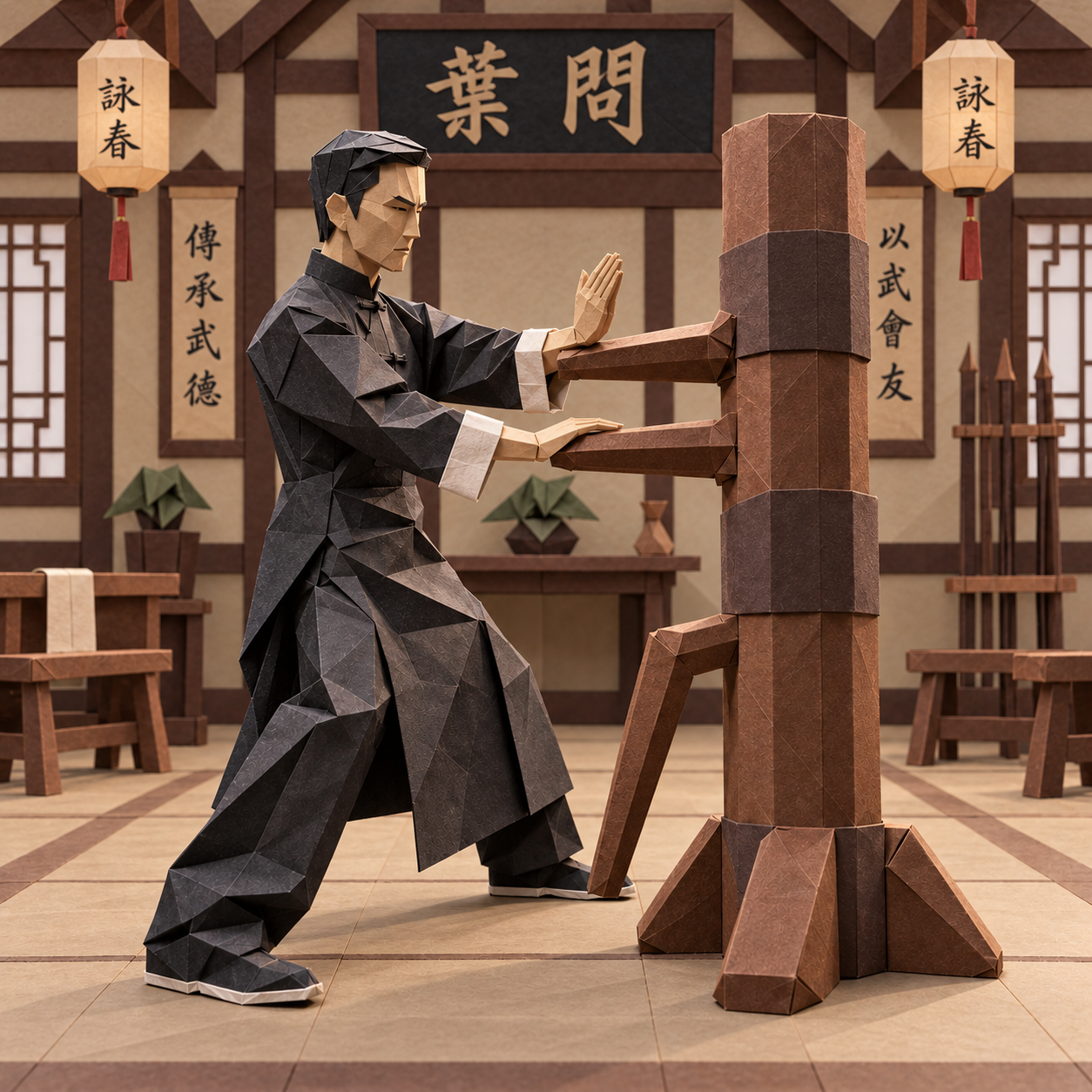 Folded papercraft Ip Man practicing Wing Chun with a wooden dummy in a traditional kung fu dojo