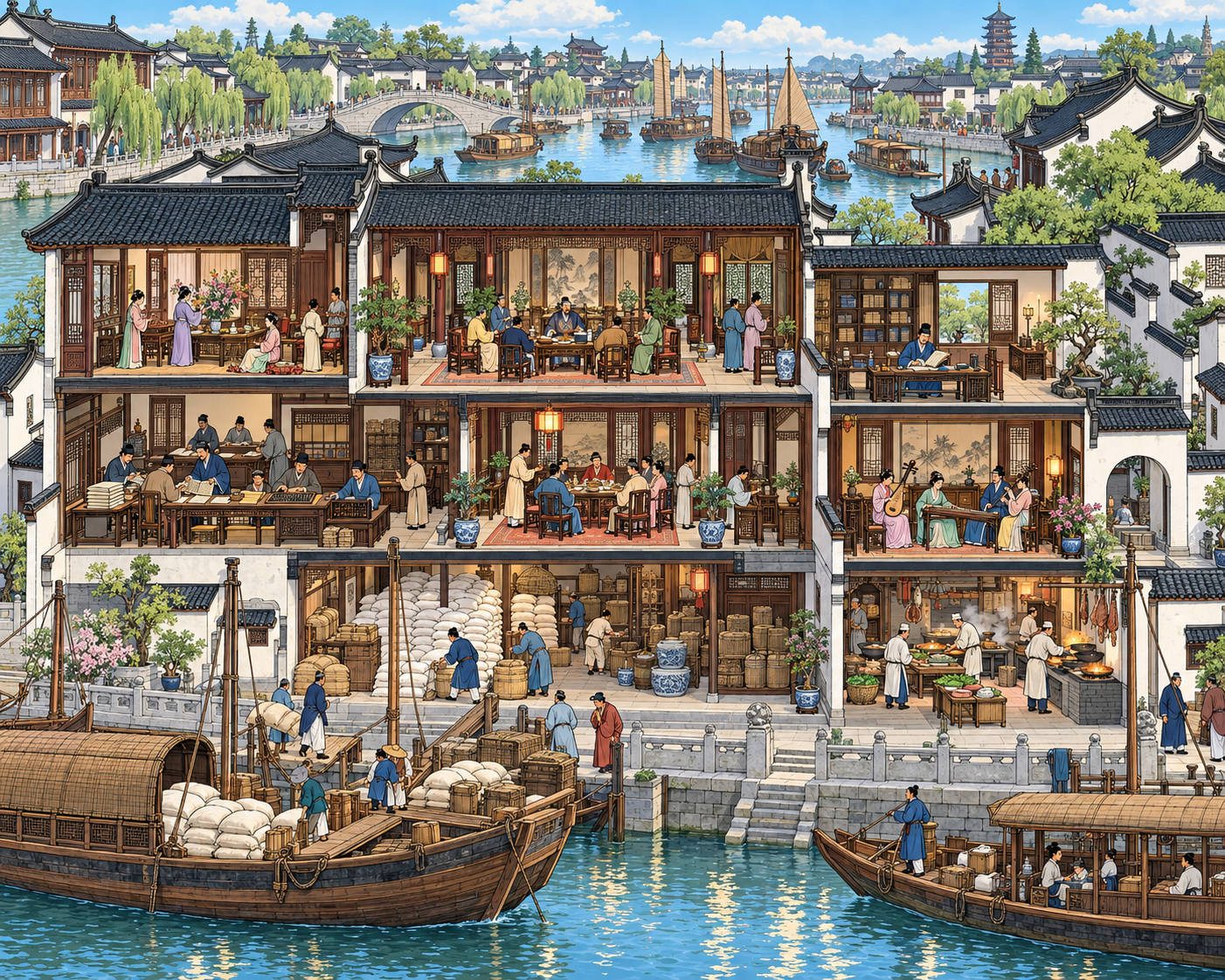 Detailed cross-section illustration of a busy ancient Chinese canal ...