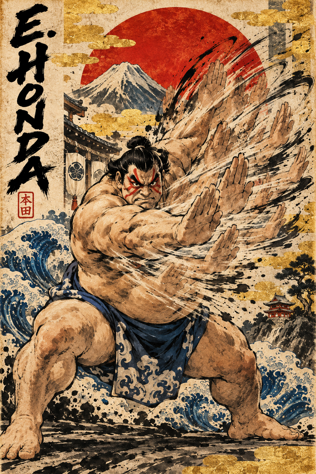 E. Honda performs his Hundred Hand Slap in a traditional Japanese ukiyo-e style illustration