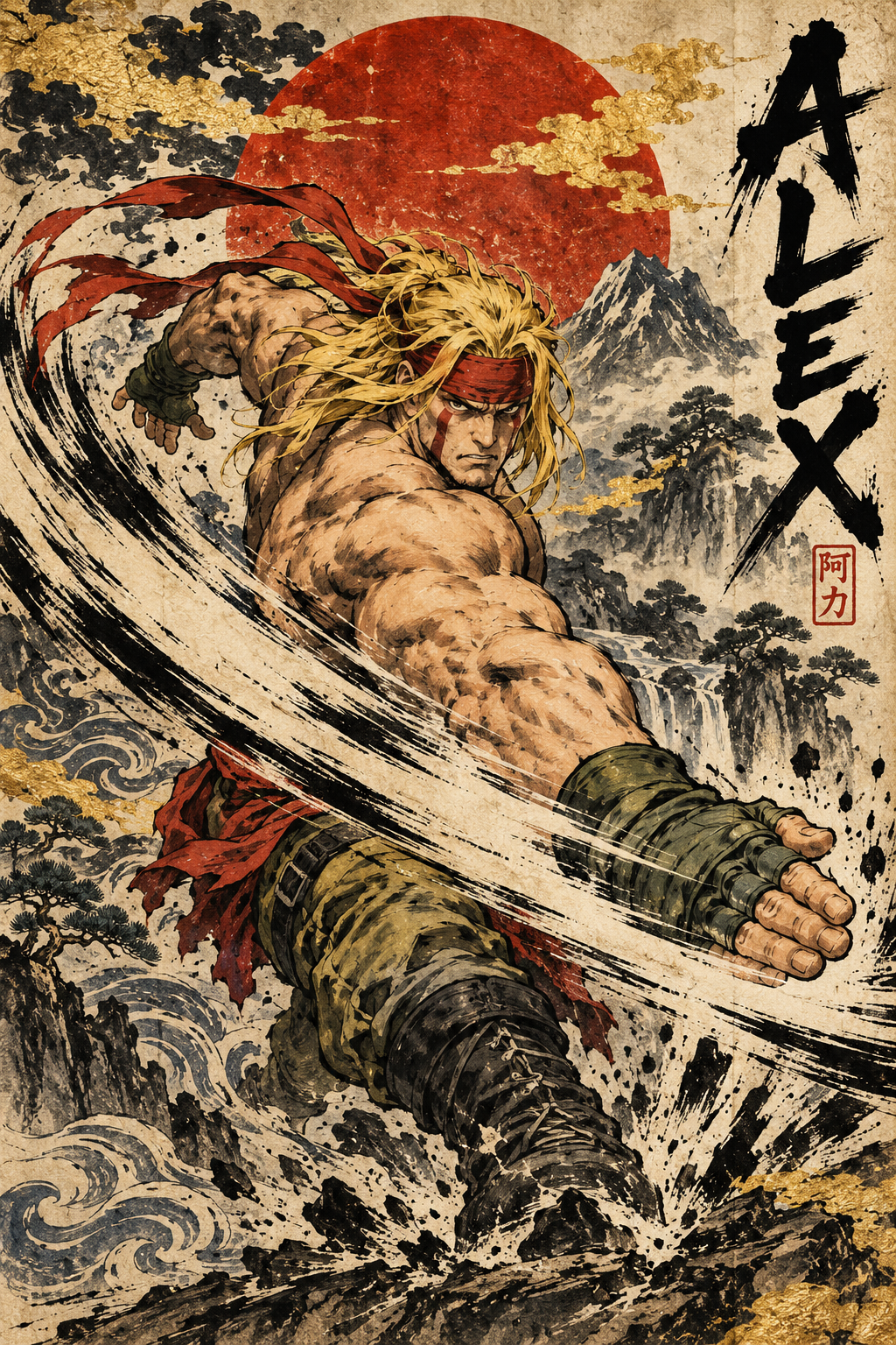 Muscular blonde fighter Alex throws a powerful punch in traditional Japanese woodblock art style