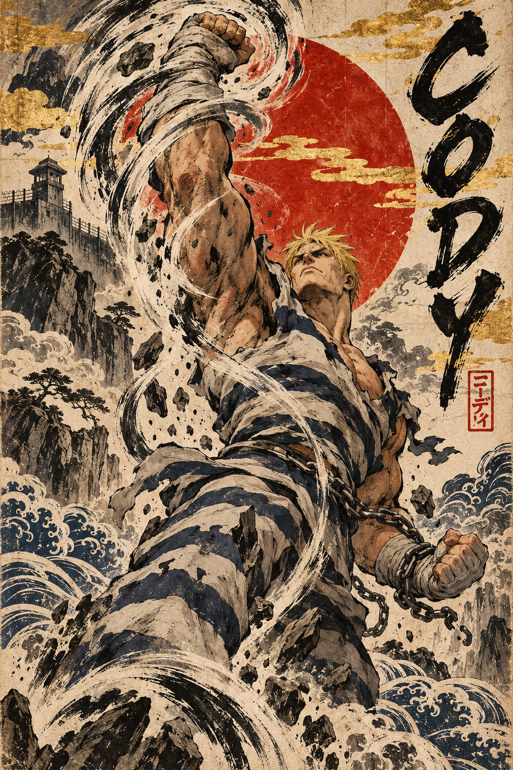 Muscular blonde Street Fighter character Cody unleashes a powerful rising punch in ukiyo-e art style
