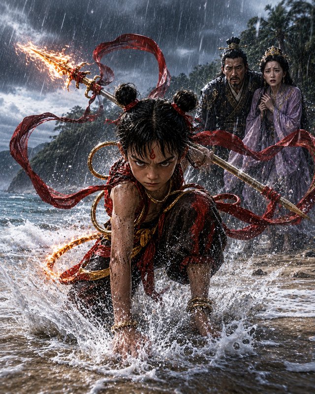 [Fierce mythic hero Nezha crouches in stormy beach surf holding a flaming spear, while a worried royal couple watches from...