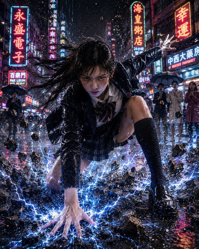 [Fierce schoolgirl channels glowing blue lightning, cracking rain-soaked neon Hong Kong street as stunned onlookers watch ...