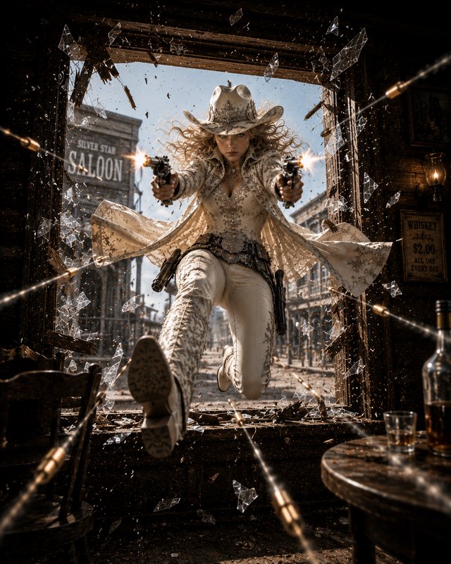 Glamorous female gunslinger in ornate western wear leaps through a shattered saloon window firing twin revolvers during