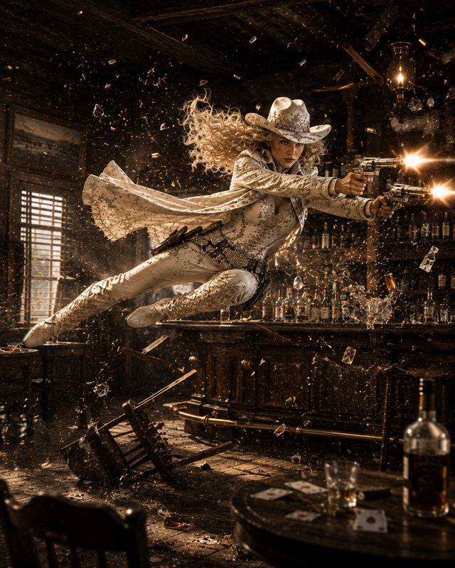 Ornate white-clad female gunslinger leaps mid-air firing twin revolvers during a chaotic old west saloon shootout